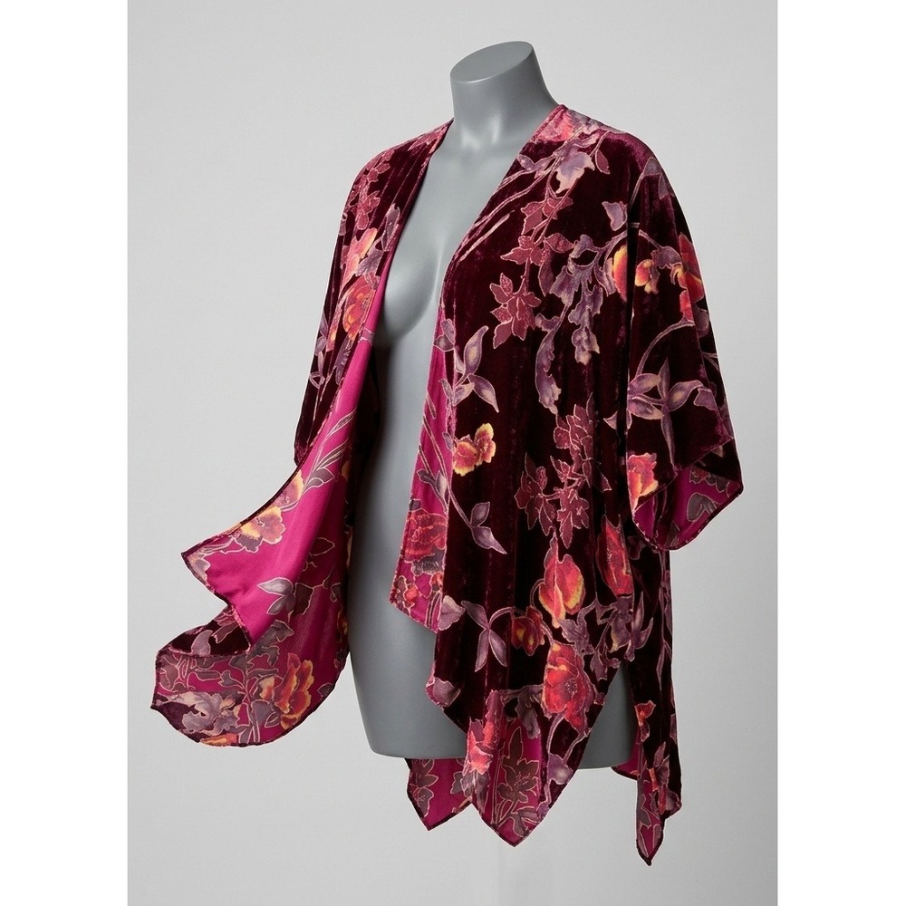 Kori America Burgundy Velvet Floral Burnout Open Kimono Cardigan Boho M/L